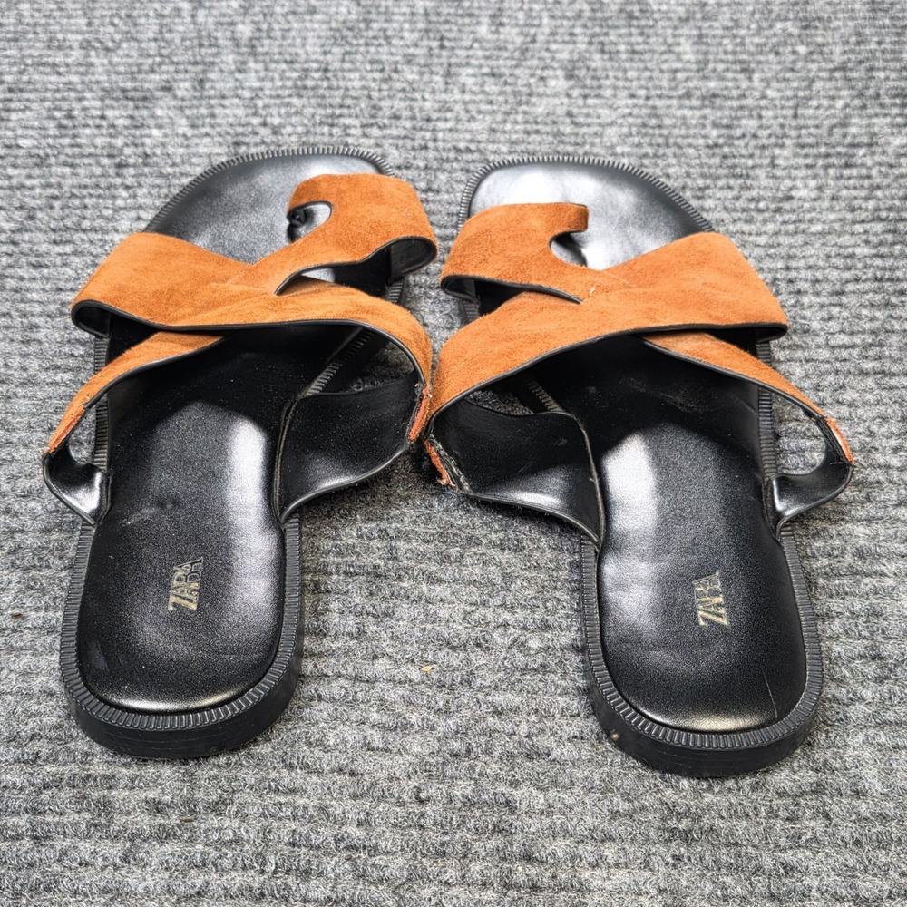 Zara Suede Crossover Toe Loop Flat Sandals Women's Size 37 US 6.5 Brown Slip On - Picture 3 of 8
